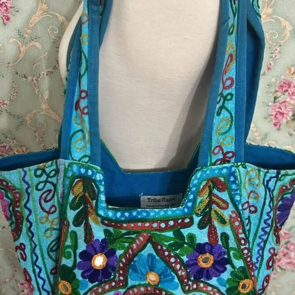 Embroidered 100% cotton DOUBLE SIDED boho India tote with zipper and pocket